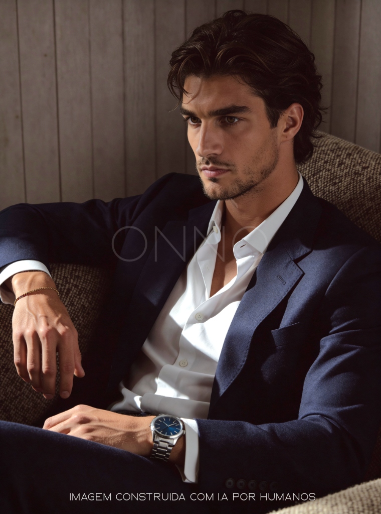 Modelo masculino de terno com relógio de luxo